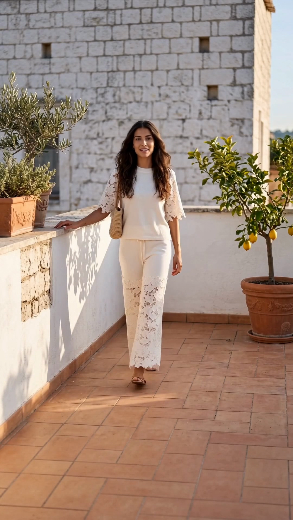 Completo Aurora indossato: maglia e pantalone palazzo panna con pizzo macramè, su terrazza italiana, immagine 3 di 6